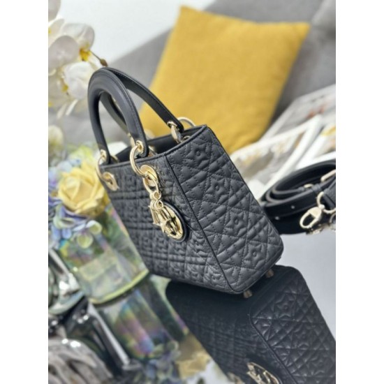 Premium Replica Dior Cannage Lucky Star Studded Mini Lady Dior Bag with D.I.O.R. Charms Black At Cheap Price