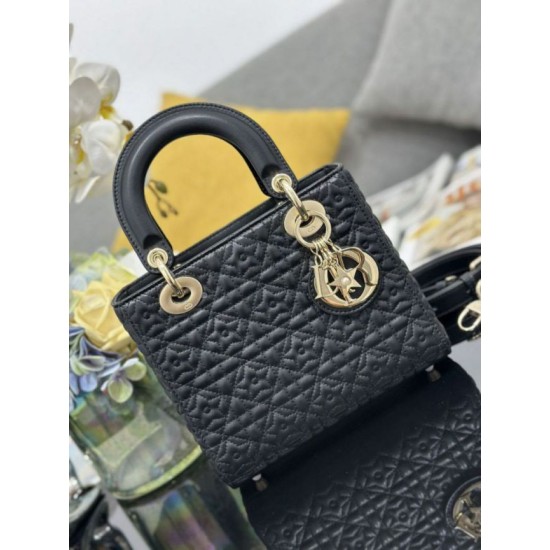 Premium Replica Dior Cannage Lucky Star Studded Mini Lady Dior Bag with D.I.O.R. Charms Black At Cheap Price