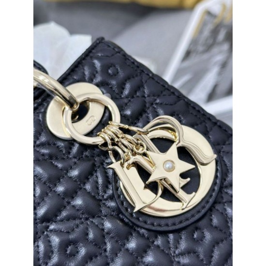 Premium Replica Dior Cannage Lucky Star Studded Mini Lady Dior Bag with D.I.O.R. Charms Black At Cheap Price
