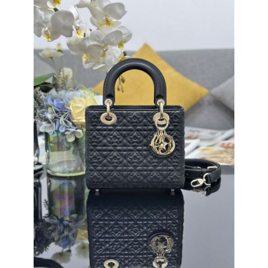 Premium Replica Dior Cannage Lucky Star Studded Mini Lady Dior Bag with D.I.O.R. Charms Black At Cheap Price