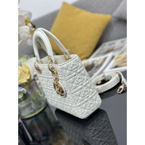 Premium Replica Dior Cannage Lucky Star Studded Mini Lady Dior Bag with D.I.O.R. Charms White At Cheap Price