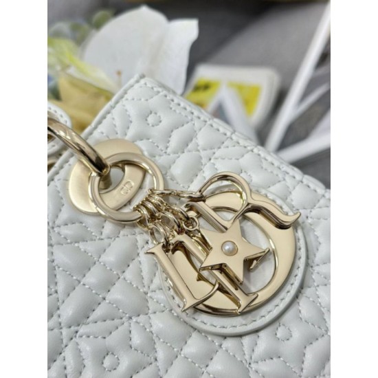 Premium Replica Dior Cannage Lucky Star Studded Mini Lady Dior Bag with D.I.O.R. Charms White At Cheap Price