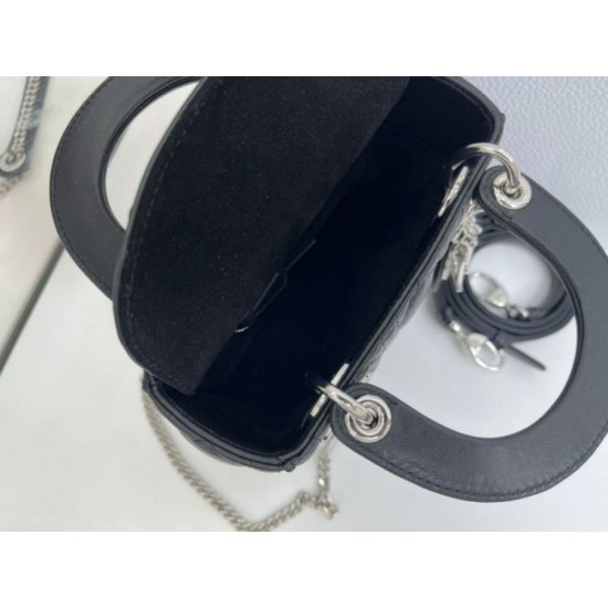 Premium Replica Dior Mini Lady Dior Arco bag with black D.I.O.R charms and silver hardware At Cheap Price
