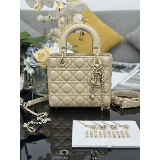Premium Replica Small Lady Dior My ABCDior bag with D.I.O.R apricot cannage lambskin pendant At Cheap Price