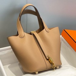 Premium Replica Hermes Picotin Lock 18/22 Tote Bag Brown Clemence At Cheap Price