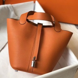 Premium Replica Hermes Picotin Lock 18/22 Tote Bag Orange Clemence At Cheap Price