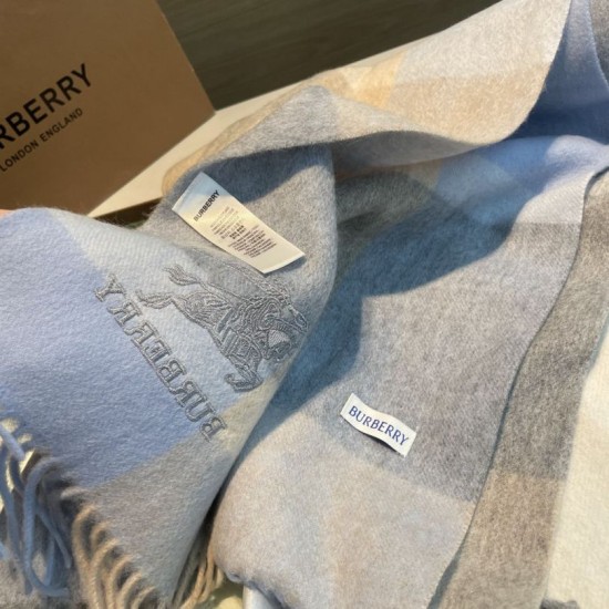 Top AAAAA Replica Burberry Check Cashmere Shawl with Blue Frayed Edges, 60 x 180 cm Clone Cheap