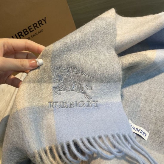 Top AAAAA Replica Burberry Check Cashmere Shawl with Blue Frayed Edges, 60 x 180 cm Clone Cheap