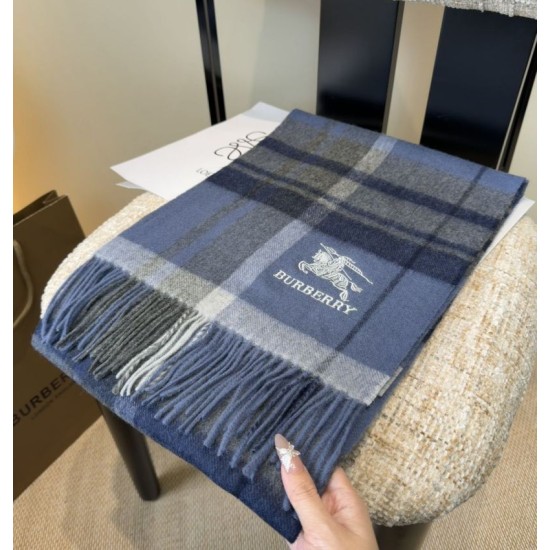 Top AAAAA Replica Burberry Classic Check Cashmere Scarf, Blue 30 x 180 cm Clone Cheap