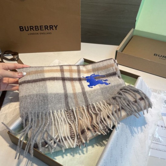 Top AAAAA Replica Reversible Cashmere Scarf with EKD Burberry Check Pattern 30 x 200 Gray Clone Cheap