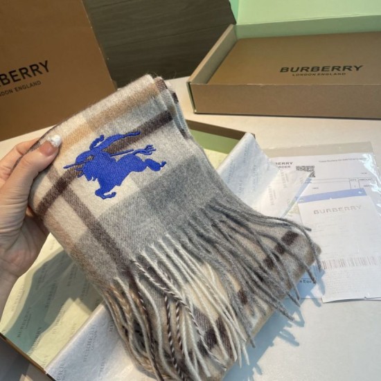Top AAAAA Replica Reversible Cashmere Scarf with EKD Burberry Check Pattern 30 x 200 Gray Clone Cheap