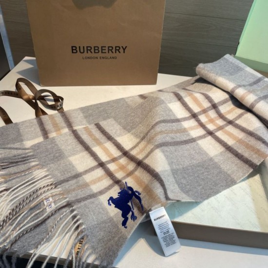 Top AAAAA Replica Reversible Cashmere Scarf with EKD Burberry Check Pattern 30 x 200 Gray Clone Cheap