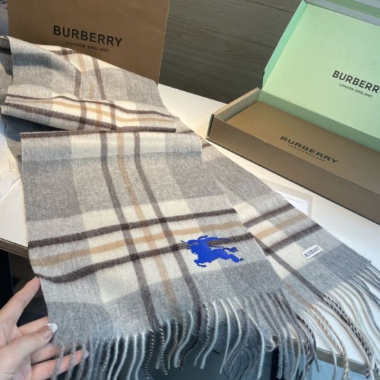 Top AAAAA Replica Reversible Cashmere Scarf with EKD Burberry Check Pattern 30 x 200 Gray Clone Cheap