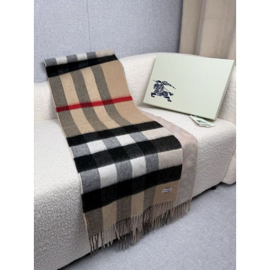 Top AAAAA Replica Burberry Reversible TB Cashmere/Wool Check Scarf, 30 x 180 cm, Beige/Brown Clone Cheap