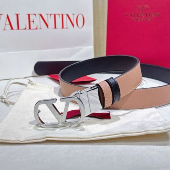 Top AAAAA Replica Valentino Garavani Reversible Belt with VLogo 30mm Apricot/Black Clone Cheap