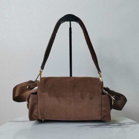 Top AAAAA Replica Prada Explore Medium Suede Flap Crossbody Bag Brown Clone Cheap