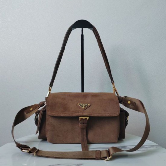 Top AAAAA Replica Prada Explore Medium Suede Flap Crossbody Bag Brown Clone Cheap
