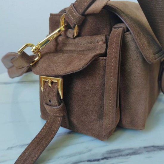 Top AAAAA Replica Prada Explore Medium Suede Flap Crossbody Bag Brown Clone Cheap