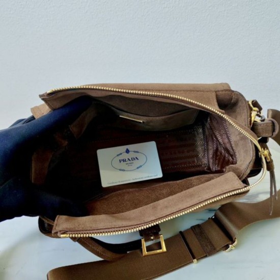 Top AAAAA Replica Prada Explore Medium Suede Flap Crossbody Bag Brown Clone Cheap