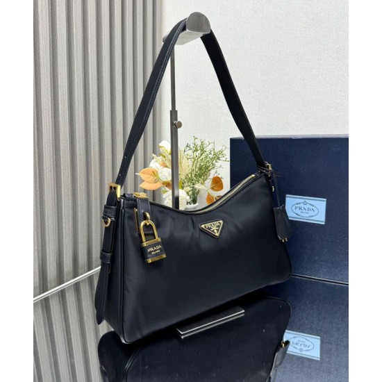 Replica Prada Aimee Large Re-Nylon Shoulder Bag With Padlock 1BC232 Black Fake