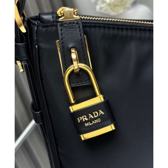Replica Prada Aimee Large Re-Nylon Shoulder Bag With Padlock 1BC232 Black Fake