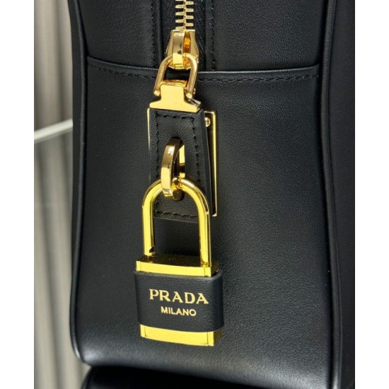 Replica Prada Large Re-Nylon Top-handle Bag With Padlock 1BB131 Black Fake