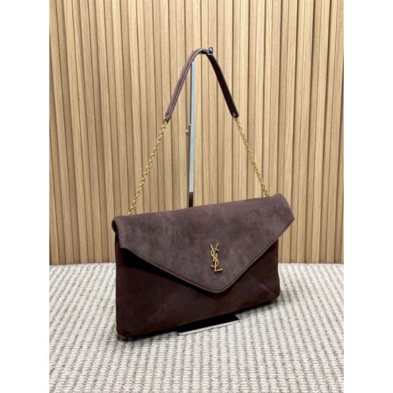 Knockoff YSL Saint Laurent Cassandre Large Envelope Bag with Chain Brown Suede Replica Clone