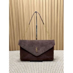 Knockoff YSL Saint Laurent Cassandre Large Envelope Bag with Chain Brown Suede Replica Clone