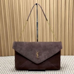 Knockoff YSL Saint Laurent Cassandre Large Envelope Bag with Chain Brown Suede Replica Clone