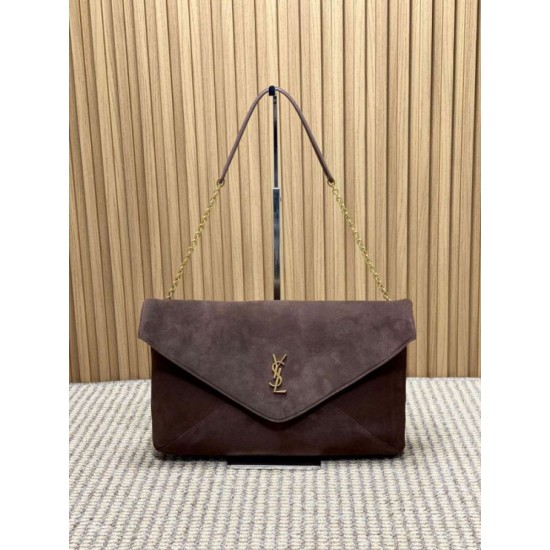 Knockoff YSL Saint Laurent Cassandre Large Envelope Bag with Chain Brown Suede Replica Clone