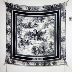 Knockoff Dior Toile de Jouy Sauvage Silk and Cashmere Twill Square Scarf Black 140 x 140 Replica Clone