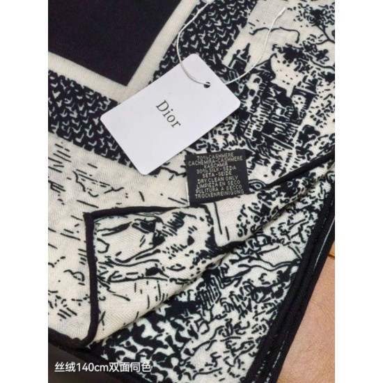 Knockoff Dior Toile de Jouy Sauvage Silk and Cashmere Twill Square Scarf Black 140 x 140 Replica Clone