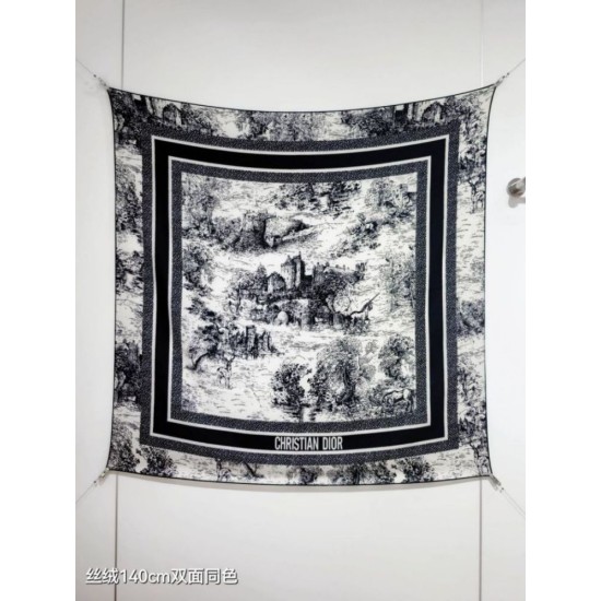Knockoff Dior Toile de Jouy Sauvage Silk and Cashmere Twill Square Scarf Black 140 x 140 Replica Clone