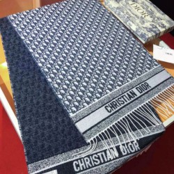Knockoff Dior Oblique double face scarf ecru/blue cashmere 48 x 200 Replica Clone