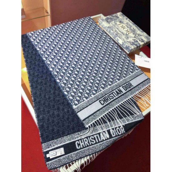 Knockoff Dior Oblique double face scarf ecru/blue cashmere 48 x 200 Replica Clone