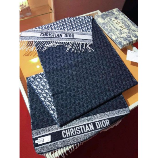 Knockoff Dior Oblique double face scarf ecru/blue cashmere 48 x 200 Replica Clone
