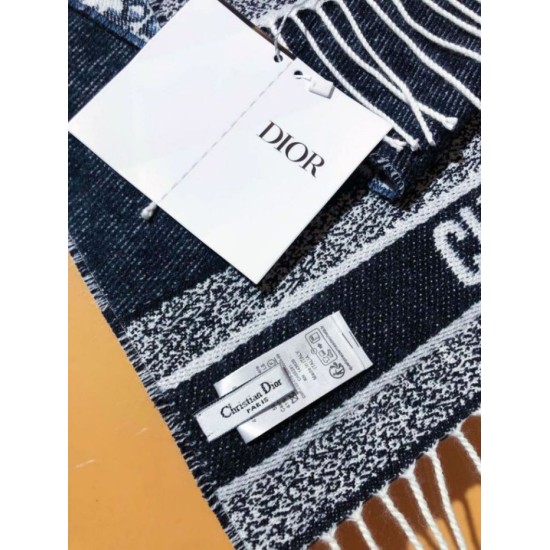 Knockoff Dior Oblique double face scarf ecru/blue cashmere 48 x 200 Replica Clone
