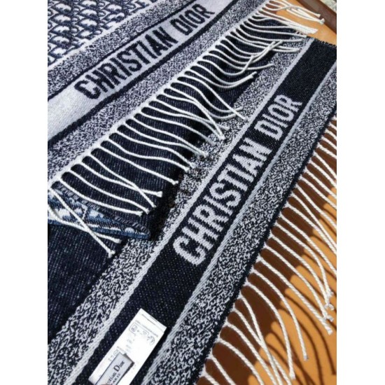 Knockoff Dior Oblique double face scarf ecru/blue cashmere 48 x 200 Replica Clone
