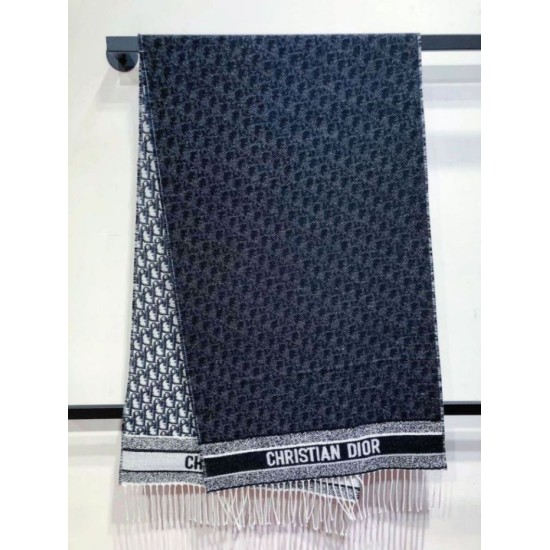 Knockoff Dior Oblique double face scarf ecru/blue cashmere 48 x 200 Replica Clone