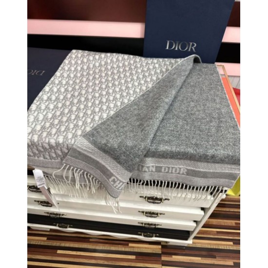 Knockoff Dior Oblique cashmere navy blue/écru fringed scarf 45 x 200 grey Replica Clone
