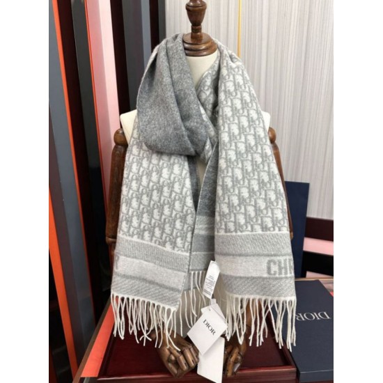 Knockoff Dior Oblique cashmere navy blue/écru fringed scarf 45 x 200 grey Replica Clone