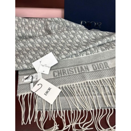 Knockoff Dior Oblique cashmere navy blue/écru fringed scarf 45 x 200 grey Replica Clone
