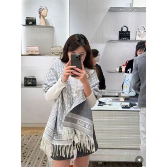 Knockoff Dior Oblique cashmere navy blue/écru fringed scarf 45 x 200 grey Replica Clone