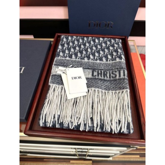 Knockoff Dior Oblique cashmere navy/écru fringed scarf 45 x 200 Blue Replica Clone