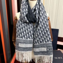 Knockoff Dior Oblique cashmere navy/écru fringed scarf 45 x 200 Blue Replica Clone