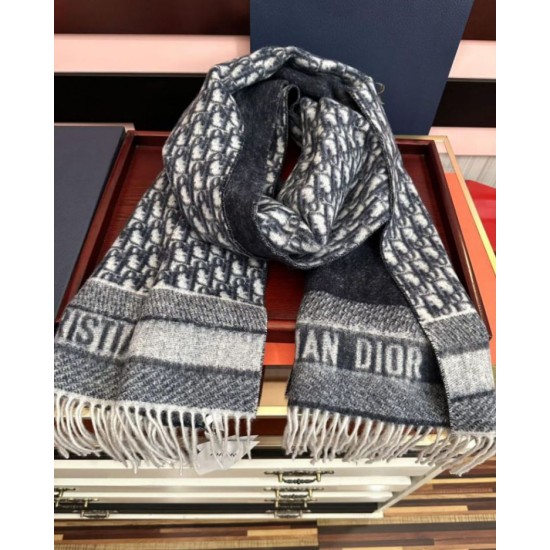 Knockoff Dior Oblique cashmere navy/écru fringed scarf 45 x 200 Blue Replica Clone