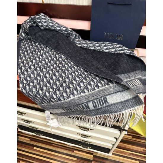 Knockoff Dior Oblique cashmere navy/écru fringed scarf 45 x 200 Blue Replica Clone