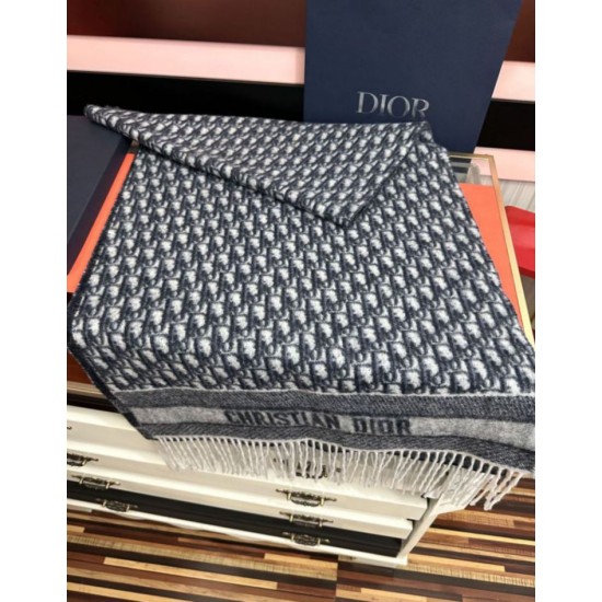 Knockoff Dior Oblique cashmere navy/écru fringed scarf 45 x 200 Blue Replica Clone