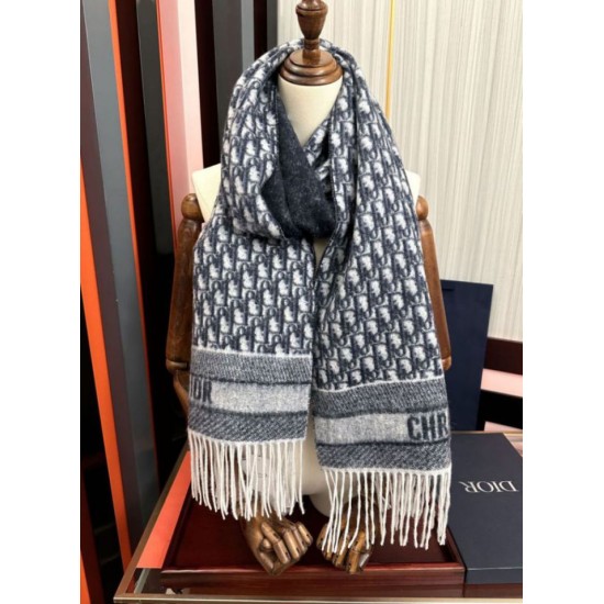 Knockoff Dior Oblique cashmere navy/écru fringed scarf 45 x 200 Blue Replica Clone