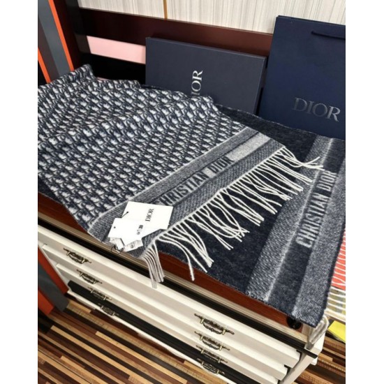 Knockoff Dior Oblique cashmere navy/écru fringed scarf 45 x 200 Blue Replica Clone